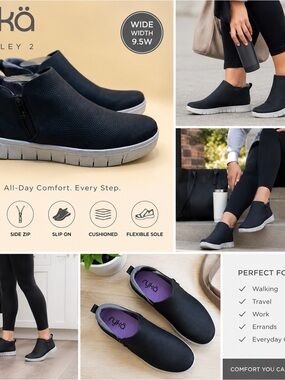 Ryka Shoes Hensley 2 Women’s 9.5W Black Sneakers Side Zip Casual Comfort Walking